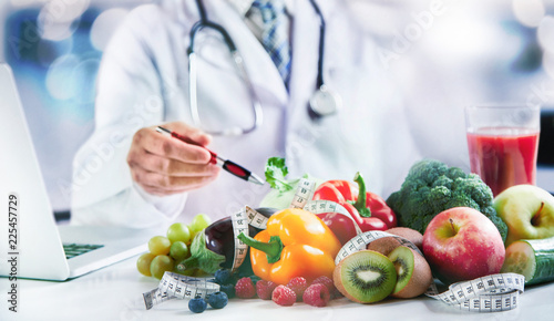 Modern doctor or pharmacy agent contact for healthy food and diet