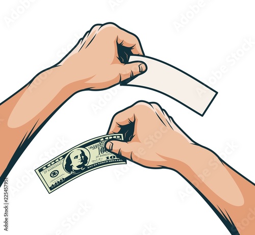 Hand with a hundred dollar bill - color illustration in retro pop art style.