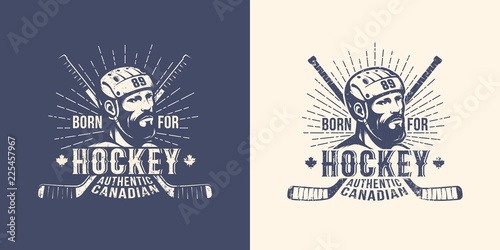 Bearded player in helmet on retro hockey emblem with crossed sticks.