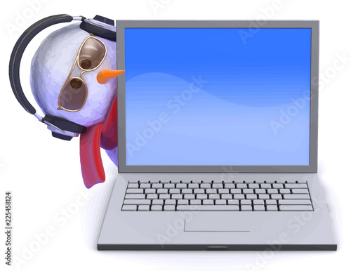 Vector 3d Snowman in headphones with laptop