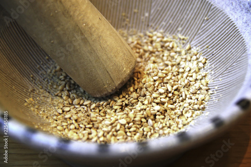 Sesame seeds in a Suribachi
