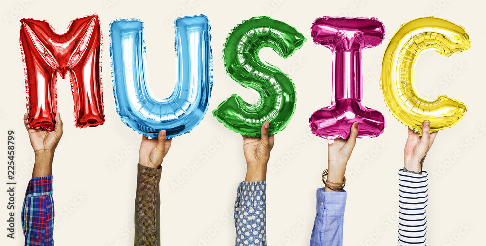 Hands showing music balloons word Hands showing music balloons word
