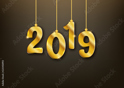 2019 new year realistic gold text numbers, postcard, banner, vector illustration