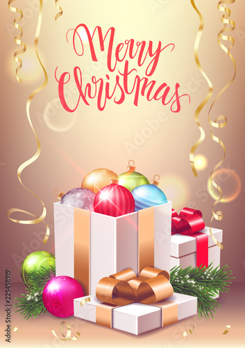 Merry Christmas postcard, decorative colorful balls, gift boxes, vector illustration
