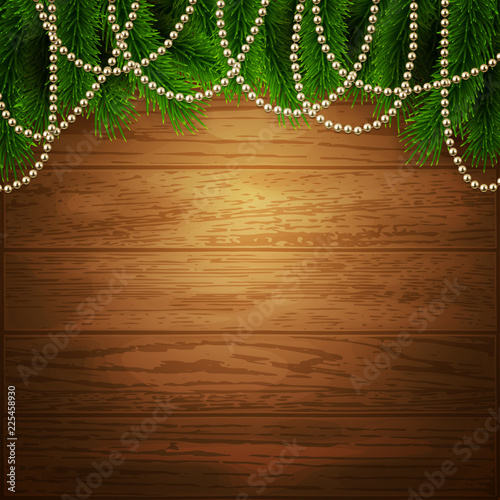 Merry Christmas Happy New Year background fir branches decorative realistic beads, vector illustration