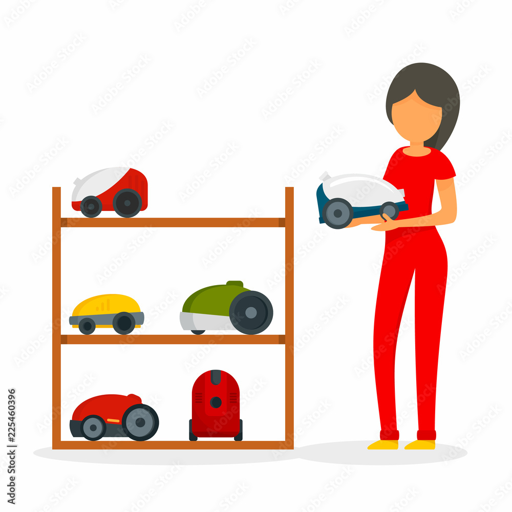 Obraz premium Woman buy vacuum cleaner concept background. Flat illustration of woman buy vacuum cleaner vector concept background for web design