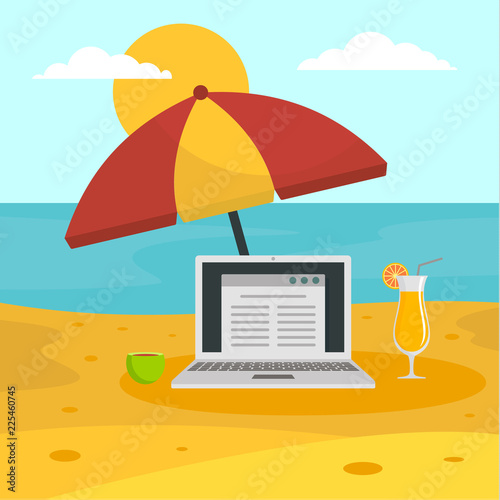 Freelancer notebook at beach concept background. Flat illustration of freelancer notebook at beach vector concept background for web design
