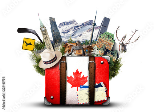 Canada, retro suitcase with hat and canadian attractions