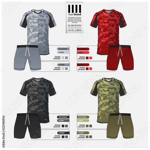 Soccer jersey or football kit template design for football club. Set of green, gray, black, red camouflage pattern football t-shirt and shorts mock up. Front and back view soccer uniform. Vector.