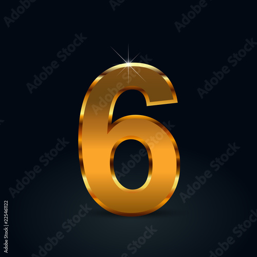 Dark gold vector number 6 isolated on black background