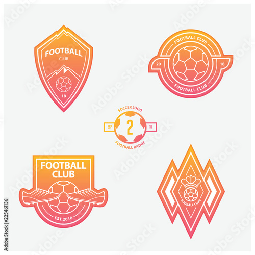 Set of football or soccer crests and logos. Soccer badges in flat design on orange gradient background. Football emblem for sport club. Vector illustration.