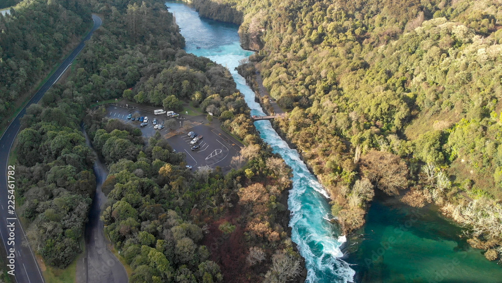 Aerial panoramic view of Huka Falls landscape, Taupo - New Zealand Aerial panoramic view of Huka Falls landscape, Taupo - New Zealand