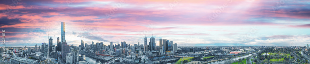 Melbourne, Australia. Sunset aerial panorama of city skyline