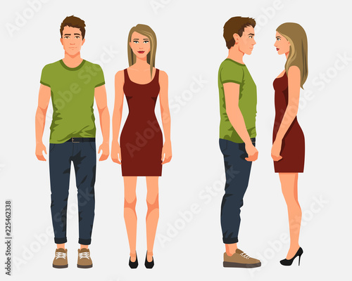 Vector illustration of men in casual clothes and girl with blonde hair in red dress on the white background.Cartoon realistic people illustation. Flat young couple. Front view people, Side view people