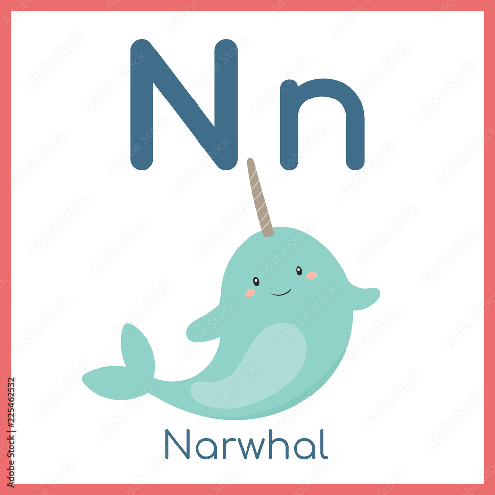 Cute animal alphabet. N letter. Cute Narwhal. Stock Vector | Adobe Stock