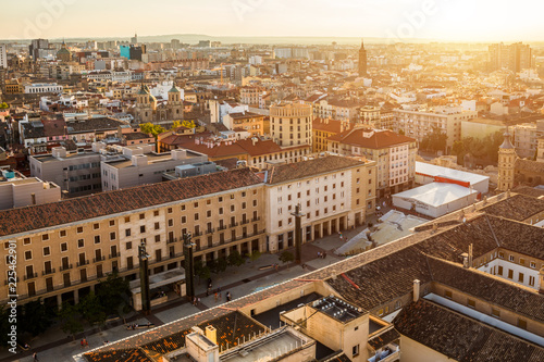 Sunset view of Zaragoza, Spain, from one of the towers of the Pilar Basilica photo