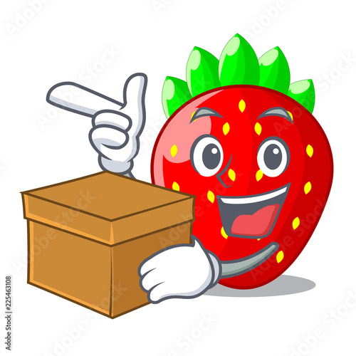 With box strawberries fruit in wooden bowl cartoon