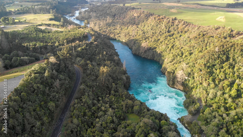 Aerial panoramic view of Huka Falls landscape, Taupo - New Zealand