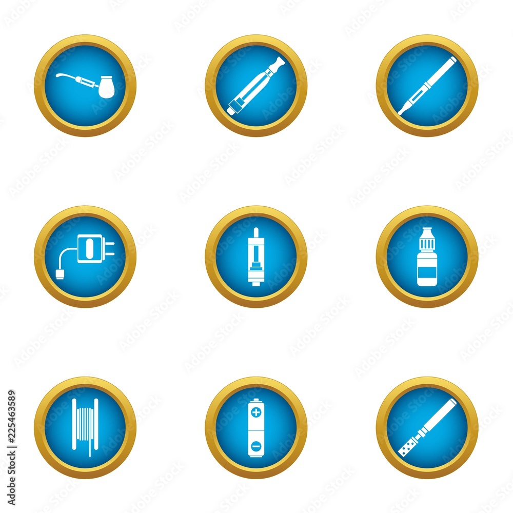 Electric cigarette icons set. Flat set of 9 electric cigarette vector icons for web isolated on white background Electric cigarette icons set. Flat set of 9 electric cigarette vector icons for web isolated on white background