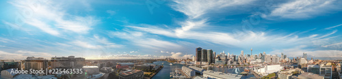 Sydney, Australia. Sunset panoramic aerial view of Darling Harbour and city skyscrapers from Wentworth Park.