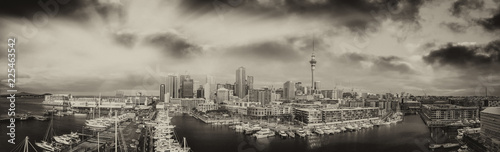 Panoramic aerial view of Auckland from helicopter, New Zealand in black and white view