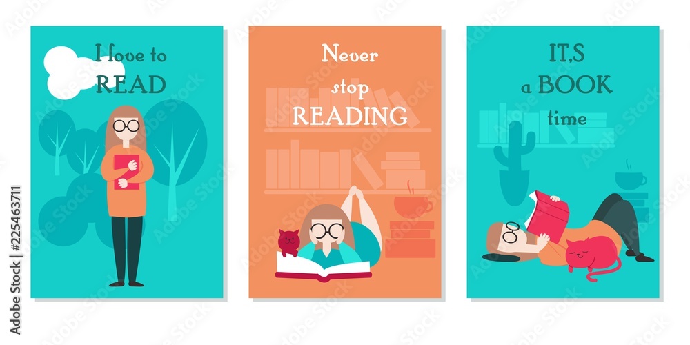 Vector card set with young woman reading book while standing, lying at home and outside and inspirational quotes about reading. Flat style design.