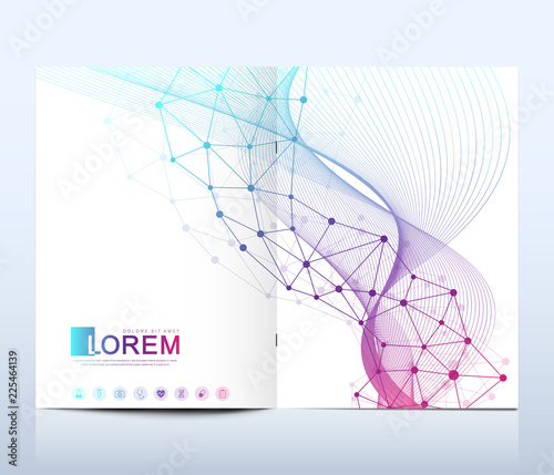 Modern vector template for brochure, leaflet, flyer, cover, catalog in A4 size. DNA helix, DNA strand, molecule or atom, neurons. Abstract structure for Science or medical background.
