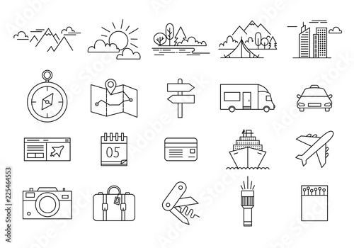 Travel and tourism icon set in trendy linear style