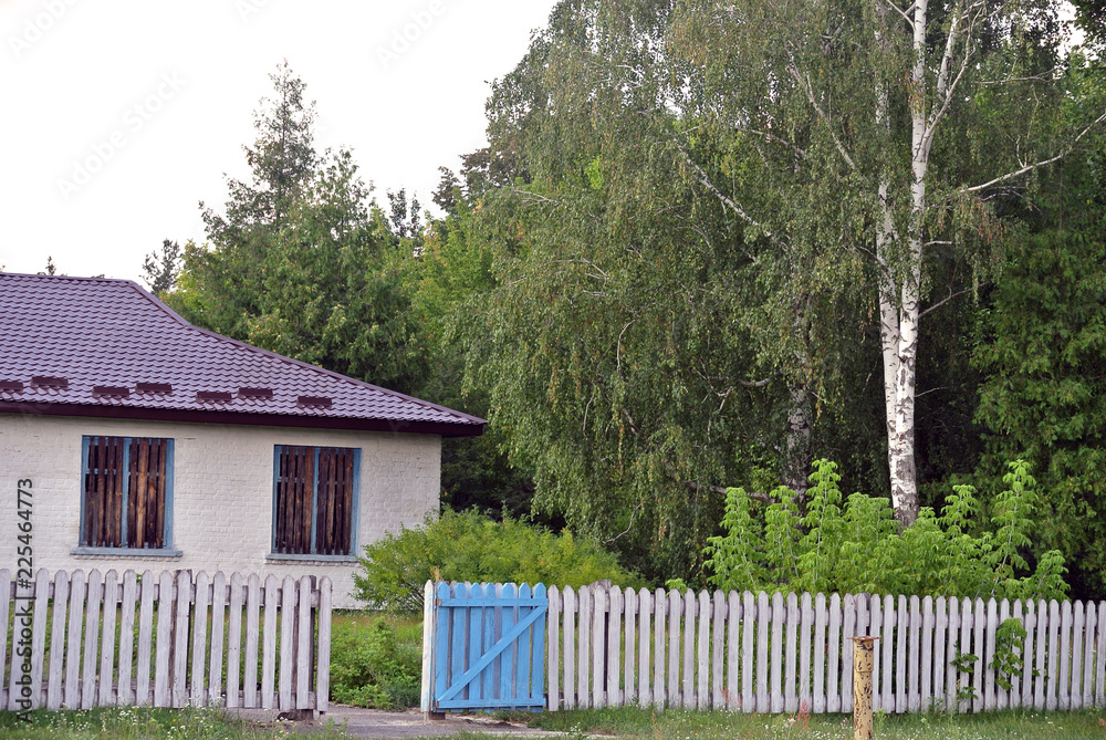 village yard, small house in the trees