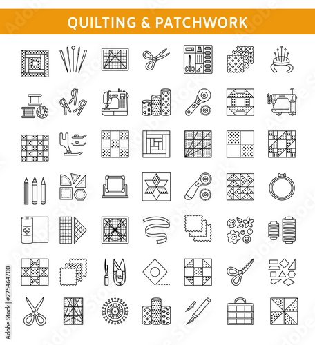 Quilting & patchwork. Supplies and accessories for sewing quilts from fabric squares & blocks. Different tools, patterns for quilters. Vector line icon set. Isolated on white background.