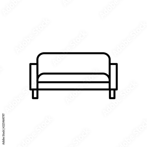 Black & white vector illustration of modern sofa. Line icon of settee. Classic home & office furniture. Isolated on white background