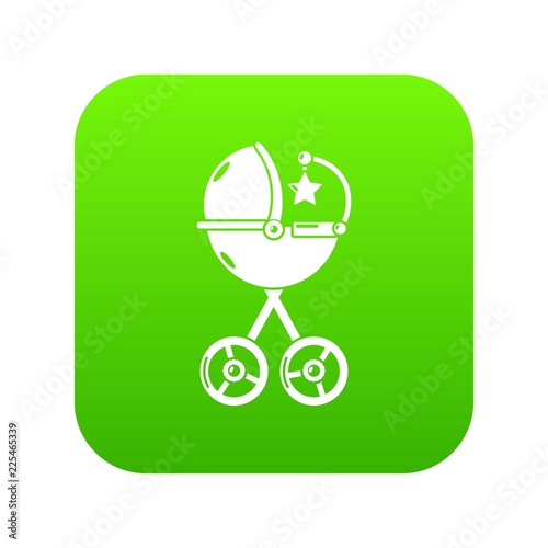 Baby carriage star icon green vector isolated on white background