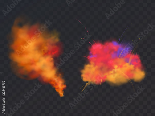 Vector 3d realistic paint powder explosion on transparent background. Symbol of Holi festival, holiday of Hindu spring in India.Dust explode for bright celebration. Pyrotechnics effect, design element