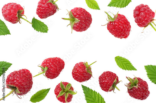 ripe raspberries with green leaf isolated on white background. top view