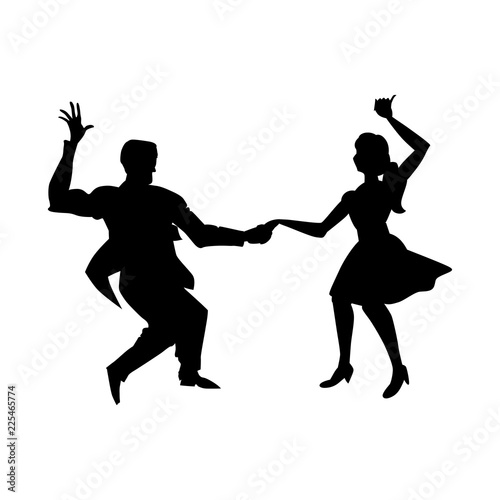 Silhouette of man and woman dancing a swing, lindy hop, social dances. The black and white image isolated on a white background. Vector illustration.