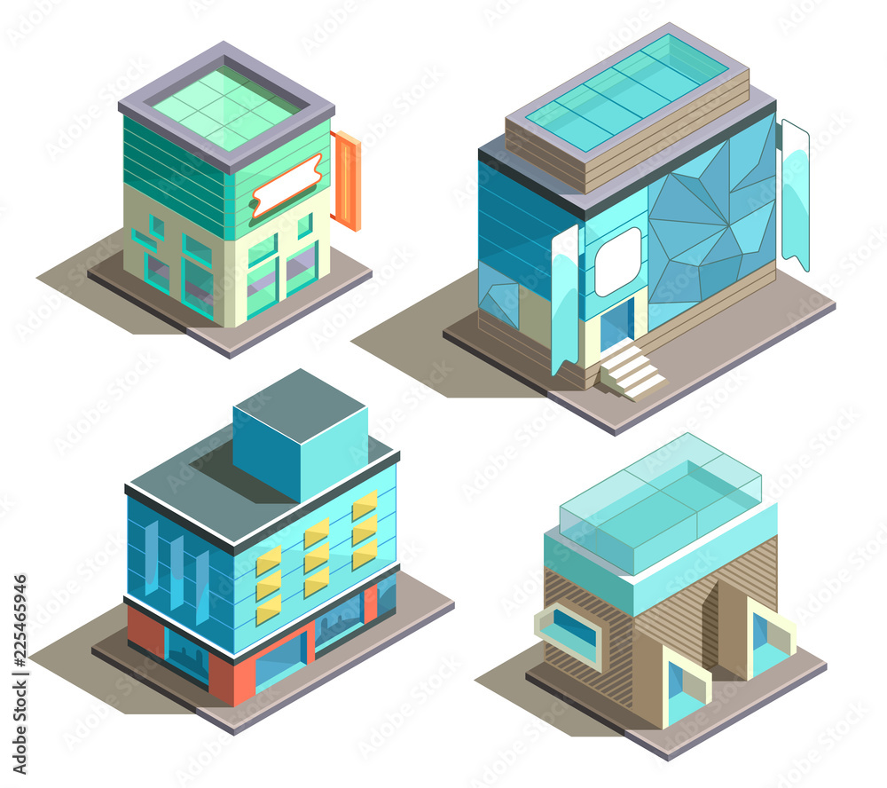 Vector isometric set of modern buildings, urban architecture, various 3d models of houses isolated on background. Objects for city infographic, department store, shops with glass windows, boutique Vector isometric set of modern buildings, urban architecture, various 3d models of houses isolated on background. Objects for city infographic, department store, shops with glass windows, boutique