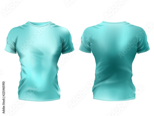 Vector 3d realistic male t-shirt mockup, blue shirts with short sleeves isolated on white background. Casual unisex sportswear, front and back view, blank template for print design and branding