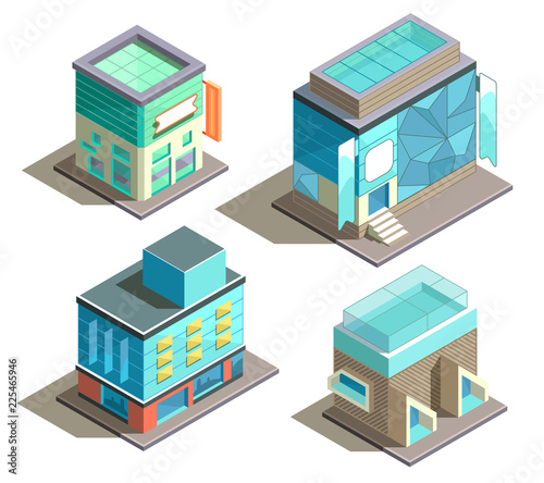 Vector isometric set of modern buildings, urban architecture, various 3d models of houses isolated on background. Objects for city infographic, department store, shops with glass windows, boutique