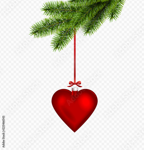 Vector red christmas decoration in heart shape with pine branch isolated on transparent background.