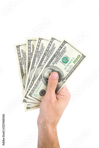  Mans hand with dollars, money isolated on a white background. Concept of giving money, spending money.