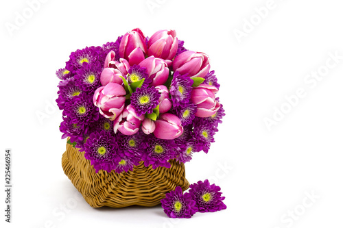 Bouquet made of tulips and chrysanthemum flowers on white background