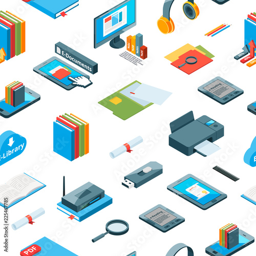 Vector isometric online education icons pattern or background illustration. Colored book and computer