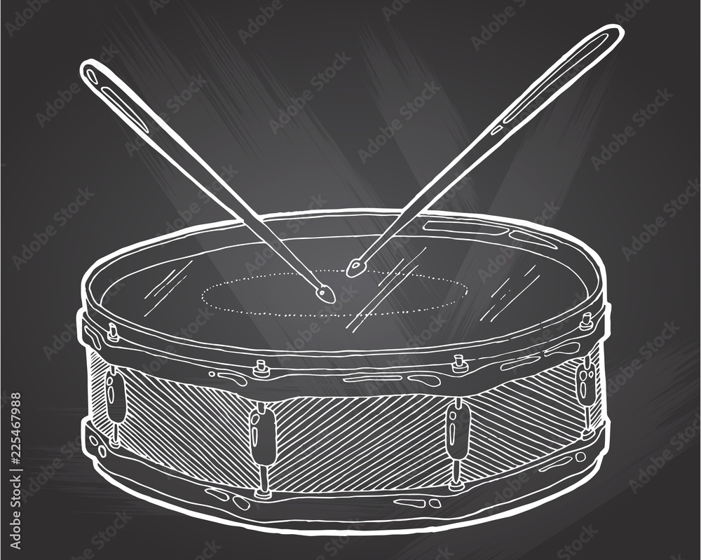 Snare drum and sticks sketch drawing isolated on chalkboard background ...