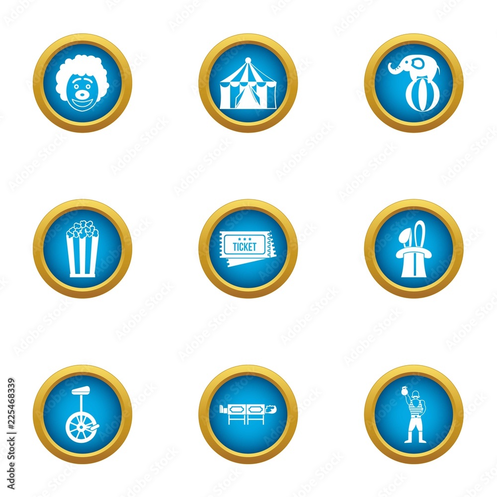 Circus reveal icons set. Flat set of 9 circus reveal vector icons for web isolated on white background
