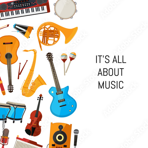 Banner and poster vector cartoon musical instruments background with place for text illustration