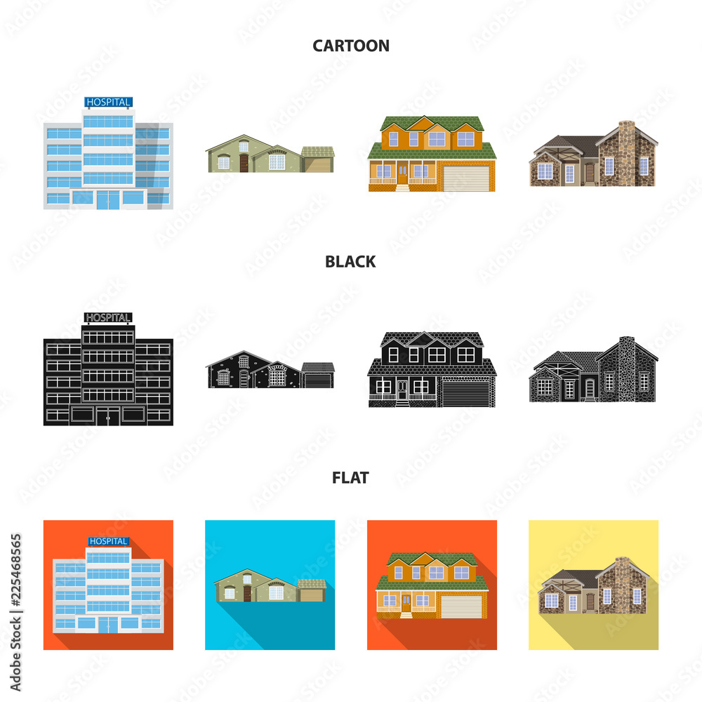 Vector illustration of building and front sign. Set of building and roof vector icon for stock. Vector illustration of building and front sign. Set of building and roof vector icon for stock.