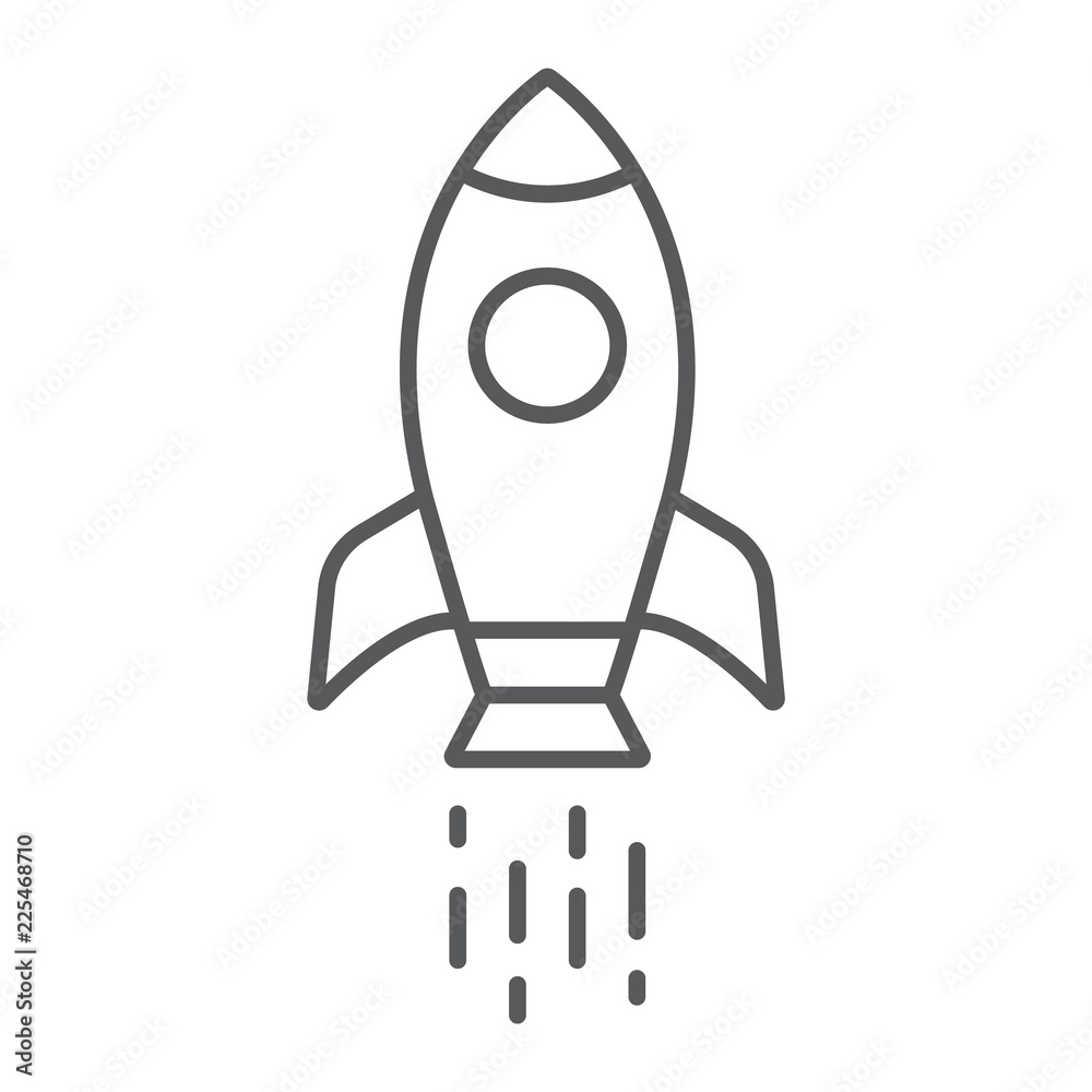 Spaceship thin line icon, shuttle and cosmos, rocket sign, vector graphics, a linear pattern on a white background. Spaceship thin line icon, shuttle and cosmos, rocket sign, vector graphics, a linear pattern on a white background.