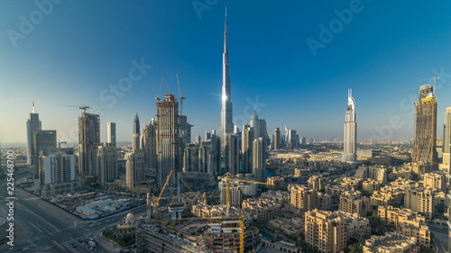 Beautiful luxury Dubai downtown aerial top view at sunset timelapse, Dubai, United Arab Emirates