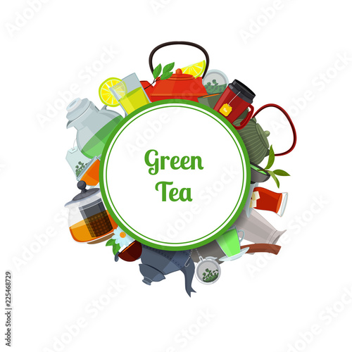 Vector cartoon tea kettles and cups under circle with place for text illustration