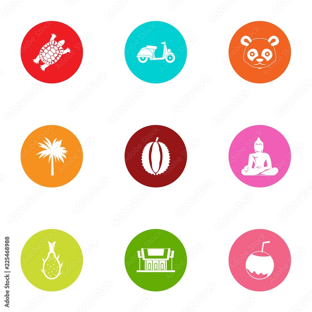 Asia inventory icons set. Flat set of 9 asia inventory vector icons for web isolated on white background